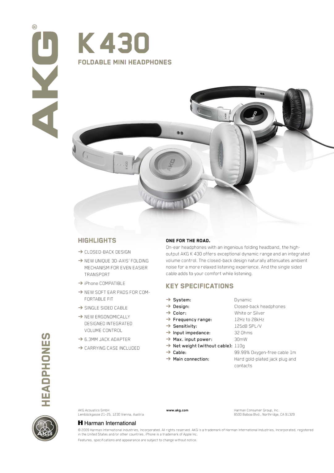 AKG Acoustics K 430 specifications  430, Foldable Mini Headphones, Highlights, KEY Specifications 